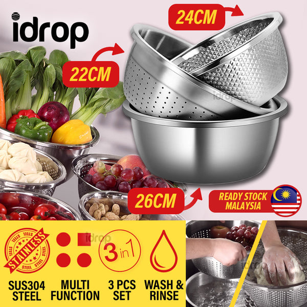 idrop [ 22 / 24 / 26CM ] 3PCS Multifunctional Stainless Steel SUS304 Stackable Washing Basin Bowl Set