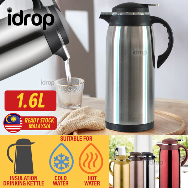 idrop [ 1.6L ] Thermal Stainless Steel Insulation Drinking Vacuum Kettle Flask Pot with Glass Inner Bile