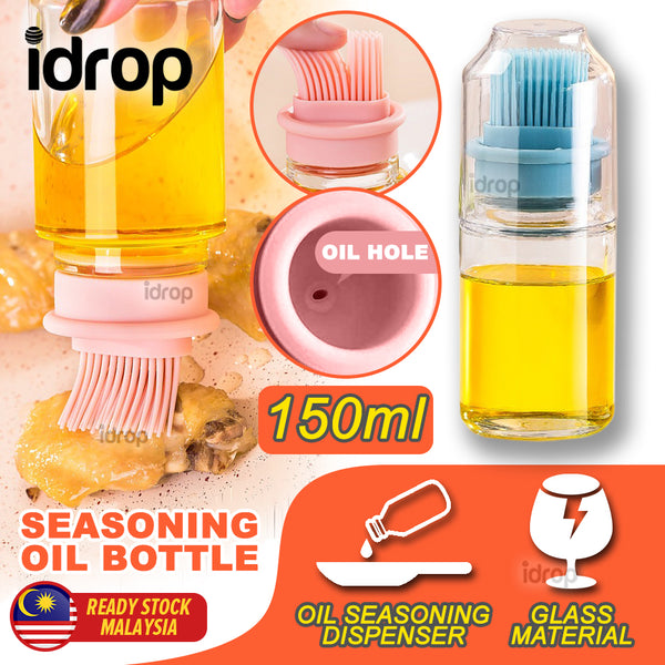 idrop [ 150ml ] Glass Oil Seasoning Bottle Dispenser with Silicone Rubber Bristle Brush