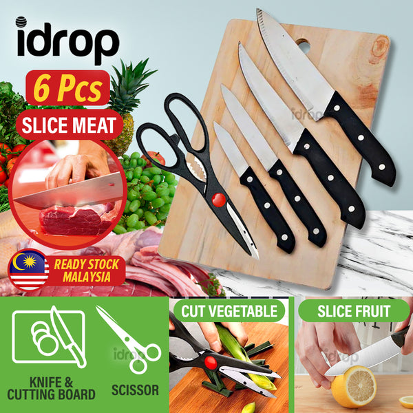 idrop [ 6pcs ] Kitchen Knife Set with Wooden Cutting Chopping Board / Set Pisau Dapur Memasak dan Papan Potong / 小号木菜板套装双面吸 (19*28CM)(菜板+3PCS 厨师刀+剪刀+果刀 )