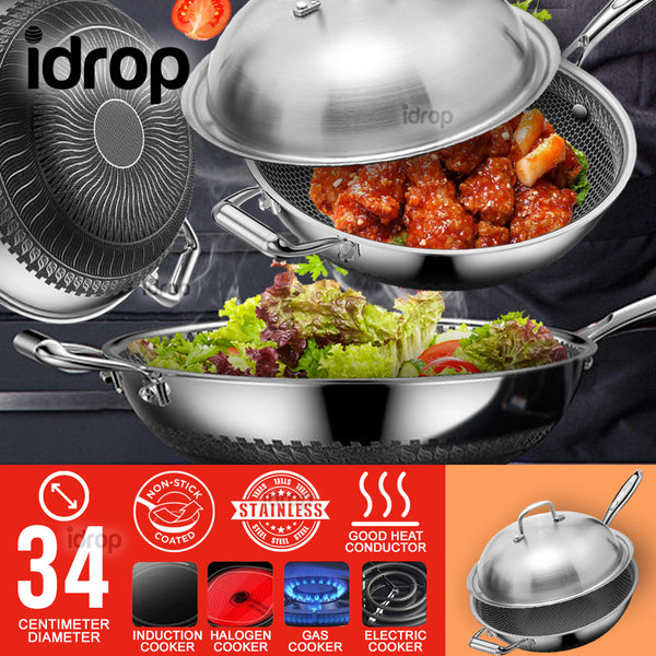 idrop 34cm Stainless Steel Non-Stick Cooking Wok with Full Stainless Steel Lid Cover