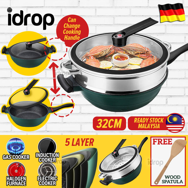 idrop [ 32CM ] Granite Micro Pressure Cooking Stone Ceramic Nonstick Maifan Cooking Pot with Steamer [ FREE Wood Spatula ]