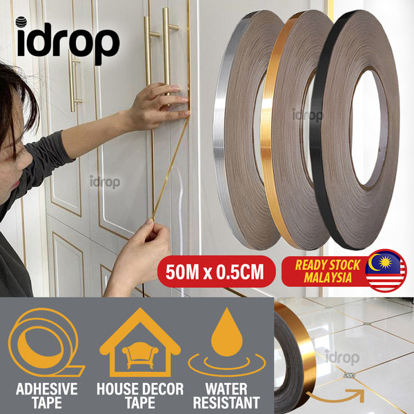 idrop [ 50M x 0.5CM ] Household Decorative Sevving Adhesive Strip Sticker / Pita Lekat Dekorasi / 装饰胶带 [ Gold / Silver / Black  ]