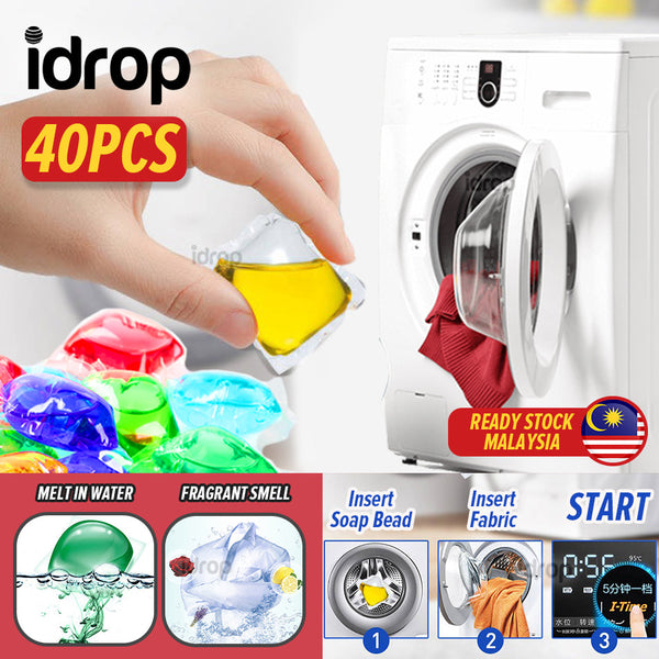 idrop [ 40PCS ] Laundry Cleaning Fragrant Perfume Liquid Gel Soap Bead Packets / Sabun Pencuci Kain Paket Kecil Larut Dalam Air / 洗衣清洁香氛液体凝胶皂珠包 [ 40pcs x 8g ]