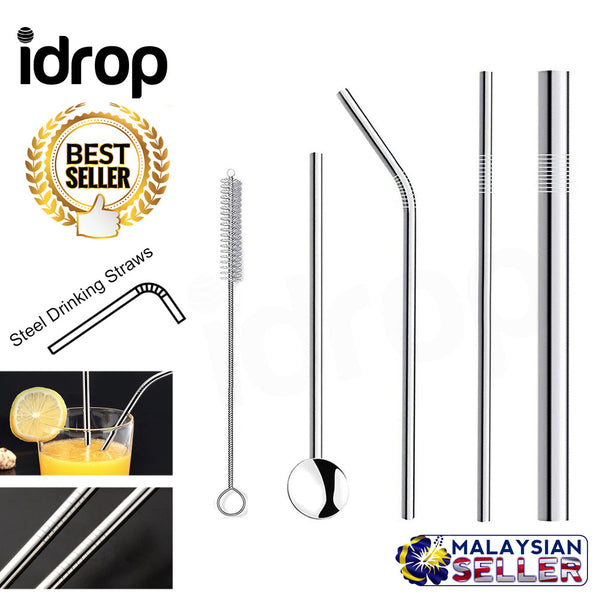 idrop 5 in 1 Stainless Steel Drinking Straws Reusable Metal Spoon with Cleaning Brush