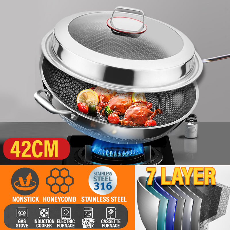 idrop [ 42CM ] Kitchen Cooking Wok Stainless Steel SUS316 Nonstick Honeycomb with Lid Cover / Periuk Kuali Memasak Keluli Tahan Lasak / 内外蜂窝)42CM双耳玻璃组合盖316炒锅