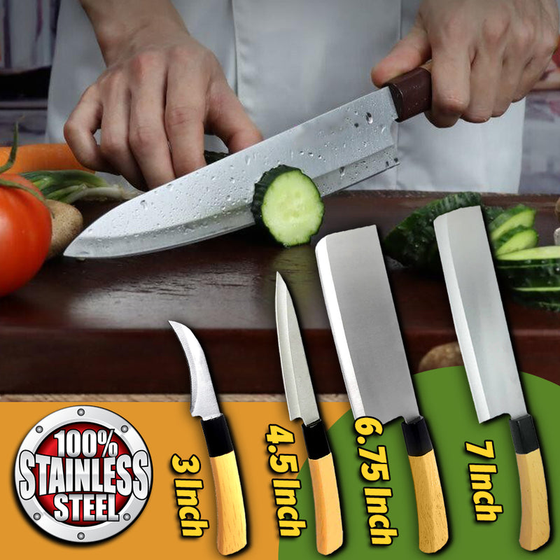 idrop [ 4PCS ] Kitchen Stainless Steel Knife Set / Set Pisau Keluli Tahan Karat / 日式料理刀(仿木柄 )