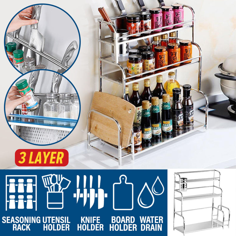 idrop [ 3 LAYER ] Multifunction Stainless Steel Kitchen Seasoning & Utensil Storage Shelf Rack Rak Penyimpanan Barang Dapur 三层架带筷筒砧板架