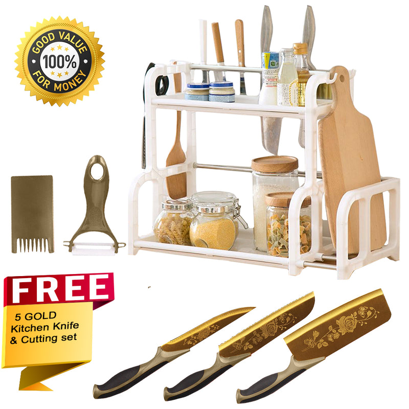 idrop COMBO 2 Layer Kitchen Organiser Shelf + FREE 5 GOLD Kitchen Knife & Cutting set