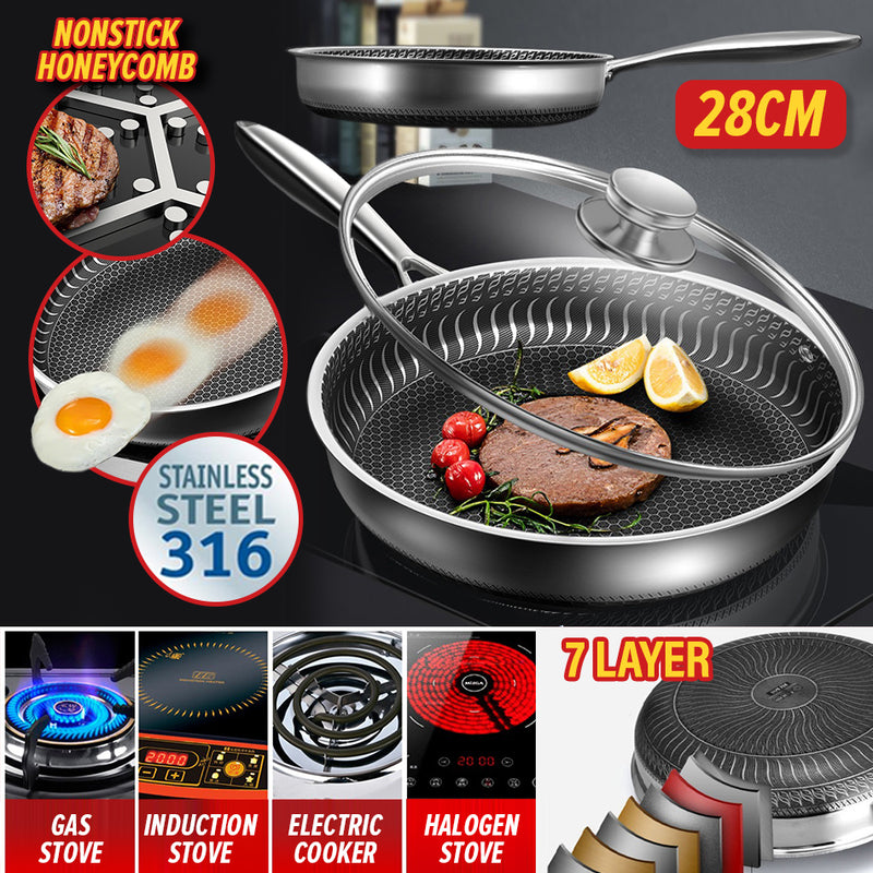 idrop [ 28CM ] 7 LAYER SUS316 Stainless Steel Honeycomb Nonstick Cooking Frying Pan / Kuali Memasak Tidak Lekat Keluli Tahan Karat / (316内外蜂窝)28CM双面屏煎盘(玻璃盖)(直 身)