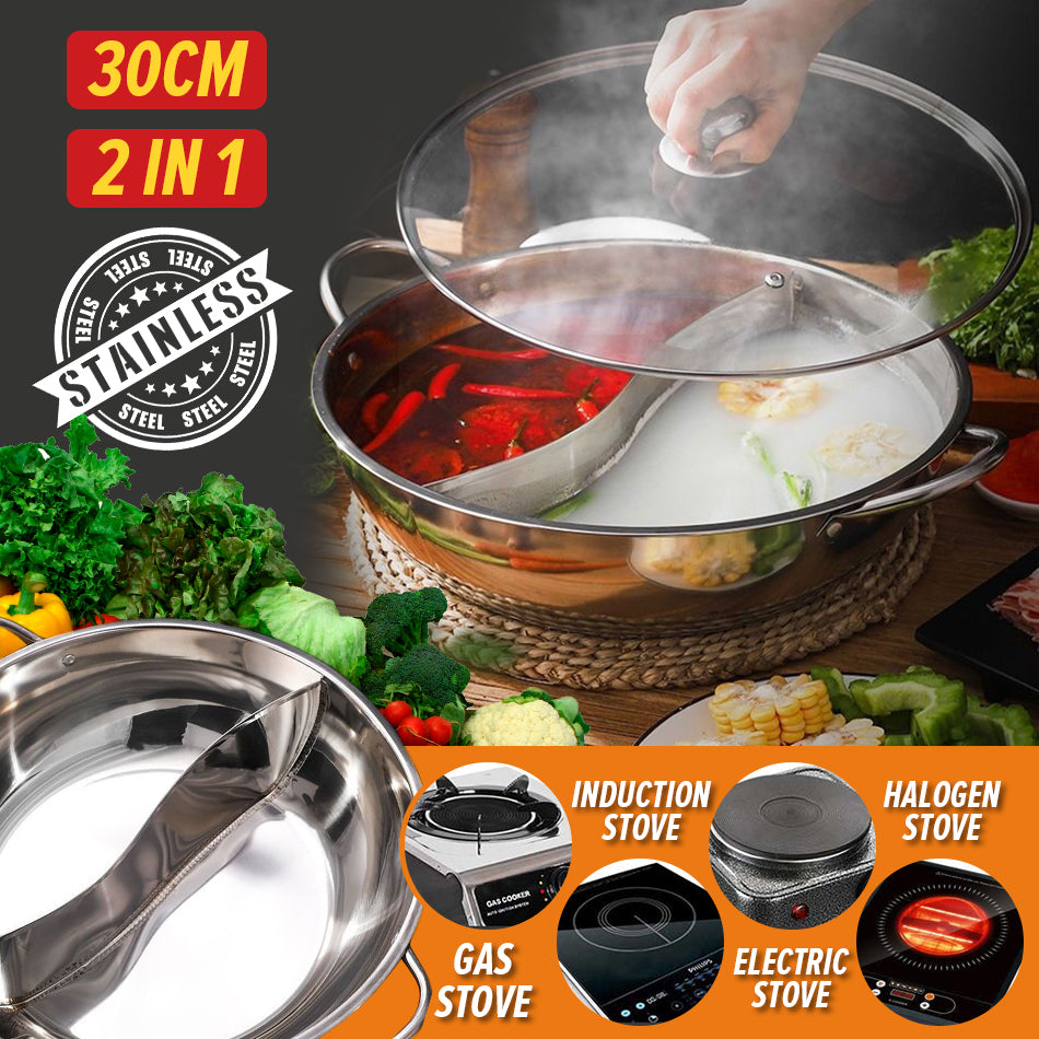 30cm Stainless Steel Hot Pot Shabu Shabu Kitchen Cooking Durable Dual Site  Induction Gas Stove Hot Pot Cooking Pot