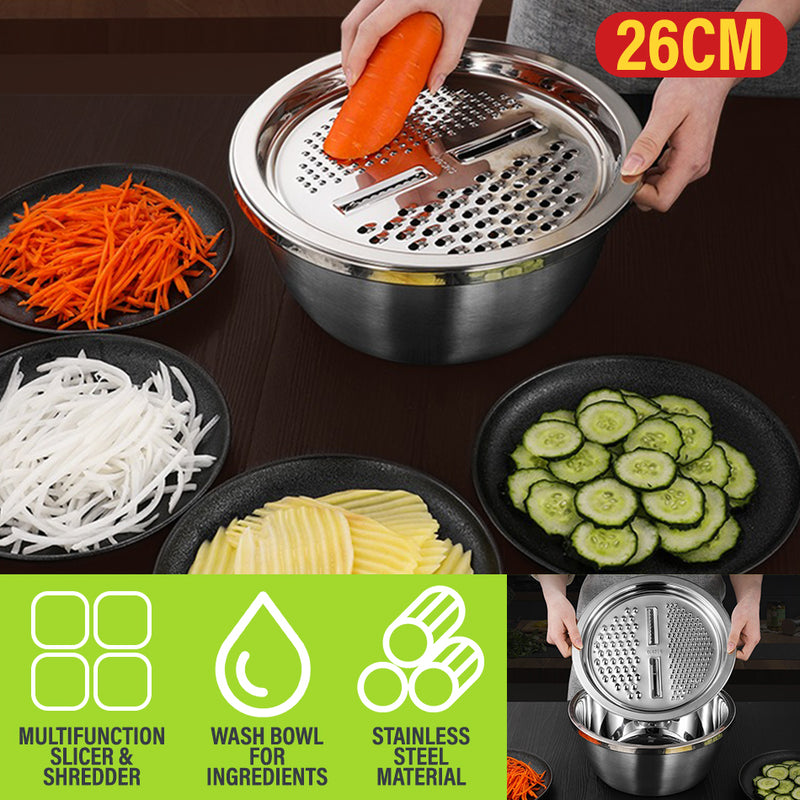 idrop [ 26CM ] 2PCS Stainless Steel Multifunction Bowl with Slicer Plate / Mangkuk Basuh Keluli Tahan Karat / 2PCS 不锈钢多功能碗带切片板