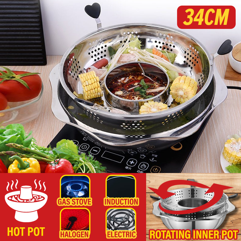 32cm Stainless Steel Rotating Hot Pot Steamboat Basin with Grid Filtering  SoupStainless Steel Hot Pot Shabu Two Partition Hot Pot with Filtering Grid  Rotating Hot Pot Kitchen Cookware Basin 