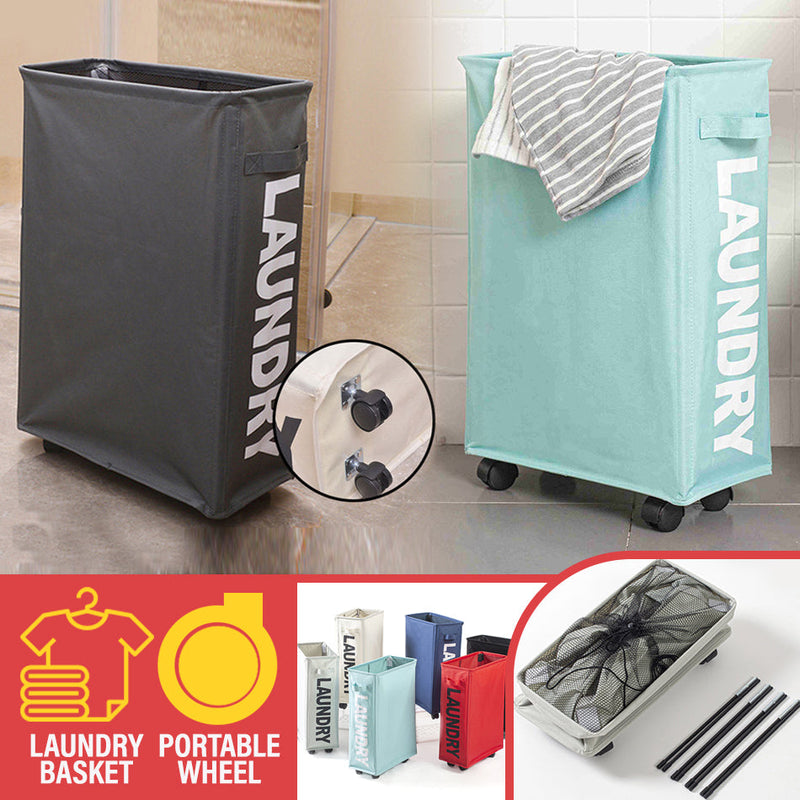 idrop Foldable Household Dirty Laundry Clothes Storage Basket with Wheels [ 39CM X 18.5CM X 58CM ]