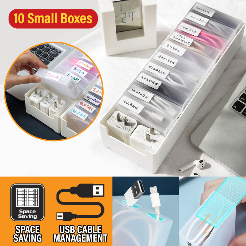 idrop Data USB Cable Storage Box Desktop Storage with 10 Small Boxes / Kotak Penyimpanan & Pengurusan Kabel USB + 10 Kotak Kecil / 塑料大号收纳盒+10个小盒+标签贴