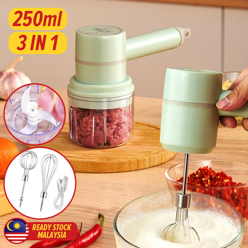 idrop [ 3 IN 1 ] 250ml Multifunction Mini Electric Egg Beater Whisk & Blender USB Powered / Pemukul Telur Elektrik Mini Pelbagai Fungsi & Pengisar USB / 20W三合一 玻璃250ML料理机(三叶刀, 12线棒, 奶油棒)