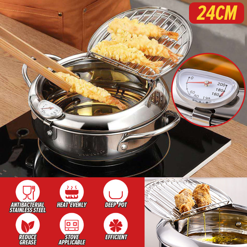 24CM Japanese Deep Frying Pot Oil Fryer with a Thermometer and a