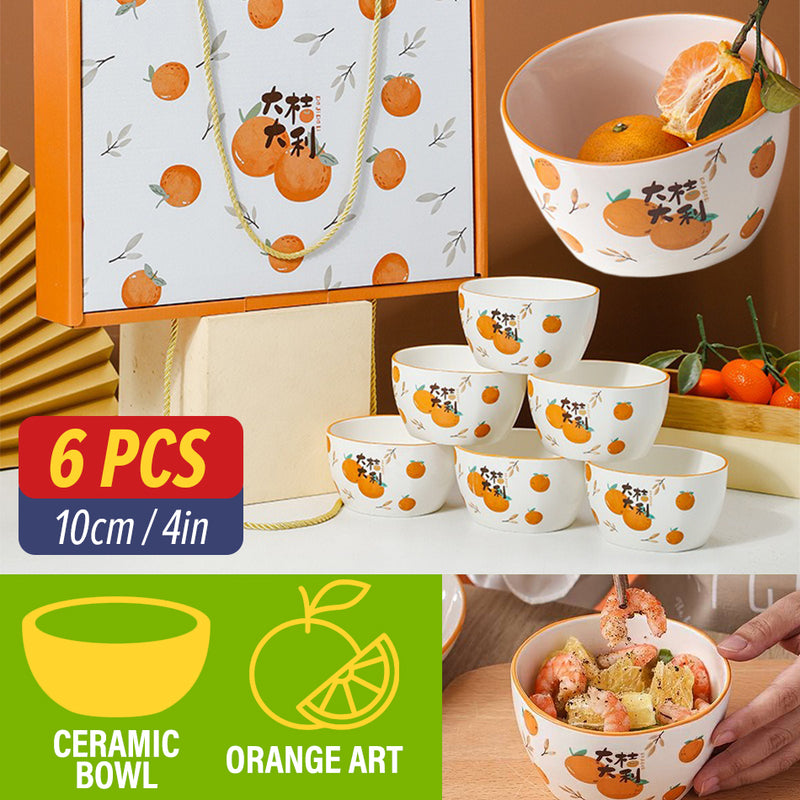 idrop [ 6PCS ] 350ml Ceramic Porcelain Eating Bowl Orange Decor Set / Set Seramik Mangkuk Makanan Desain Oren / 陶瓷套装 4in大桔大利陶瓷6碗套装 [ 10CM / 4 Inch ]