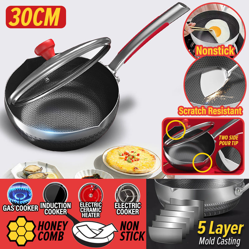 idrop [ 30CM ] Double Sided Honeycomb Stainless Steel Single Handle Wok SUS316 Petty Pot / Periuk Masak Keluli Tahan Karat / 双面蜂窝不锈钢单柄炒锅 SUS316