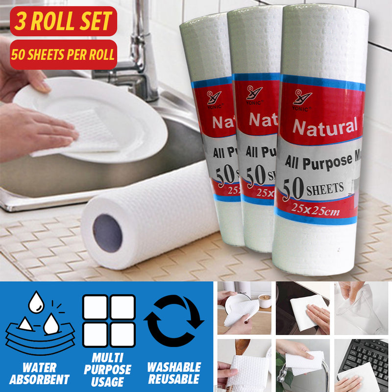 idrop [ 3 Rolls / 50 Sheets Per Roll ] Natural Fiber All Purpose Multi Wipes Tissue / Tisu Pembersih Serbaguna Pelbagai Guna / 天然纤维多用途多湿巾纸巾