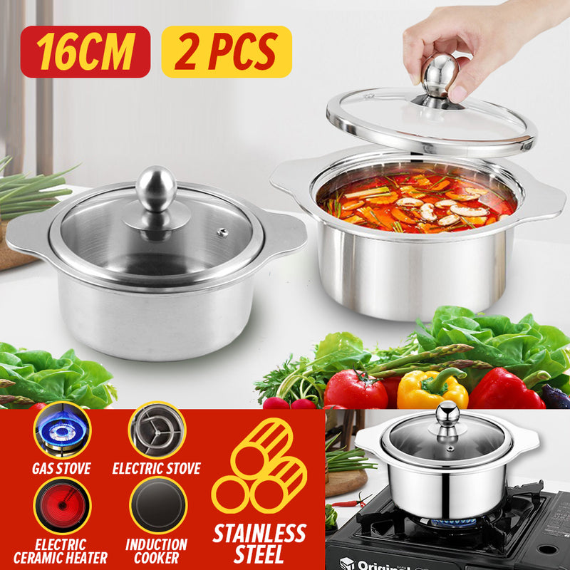 idrop [ 2PCS / BOX ] 16CM Stainless Steel Pot with Glass Lid Cover / Periuk Keluli Tahan Karat 16CM dengan Penutup Penutup Kaca / (2PCS/BOX)16CM不锈钢串串锅带玻璃盖 (双耳汤锅)