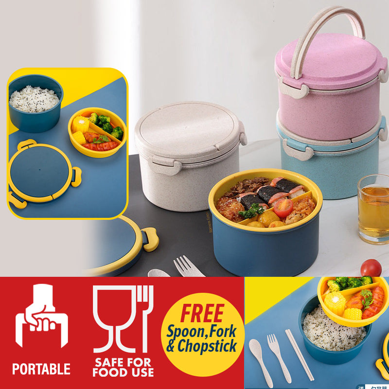 idrop Round Wheat Plastic Food Lunchbox / Bekas Bekal Makanan Mudah Alih / 小麦圆形饭盒套装 [ FREE SPOON / FORK / CHOPSTICK ] [ 16.5cm X 11cm ]