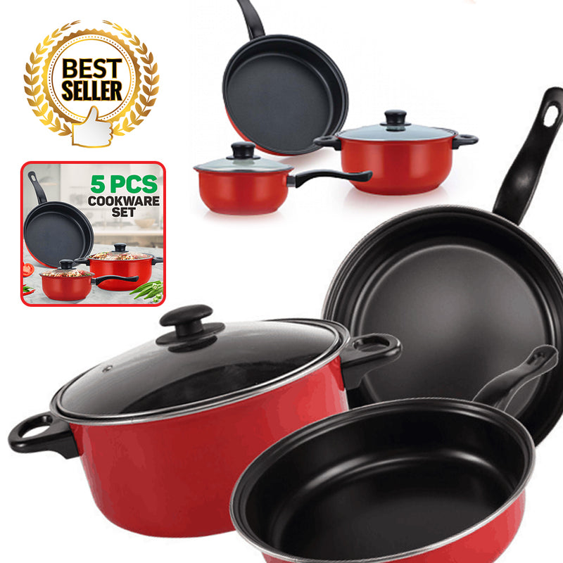 idrop 5PCS RED KITCHEN Cooking Pot Pan Set