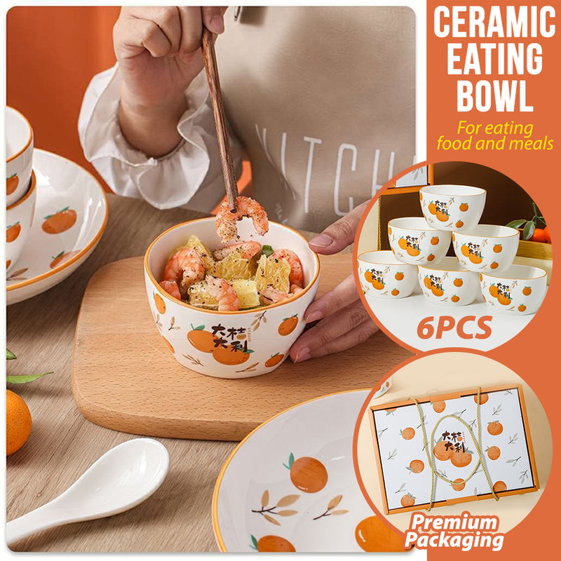 idrop [ 6PCS ] 350ml Ceramic Porcelain Eating Bowl Orange Decor Set / Set Seramik Mangkuk Makanan Desain Oren / 陶瓷套装 4in大桔大利陶瓷6碗套装 [ 10CM / 4 Inch ]