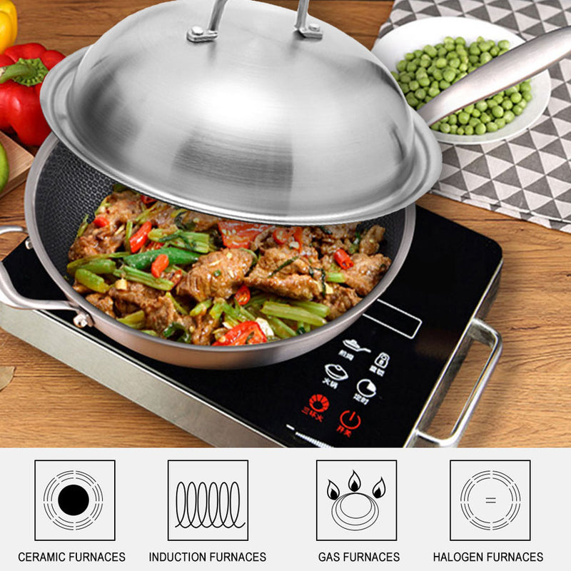 idrop 34cm Stainless Steel Non-Stick Cooking Wok with Full Stainless Steel Lid Cover