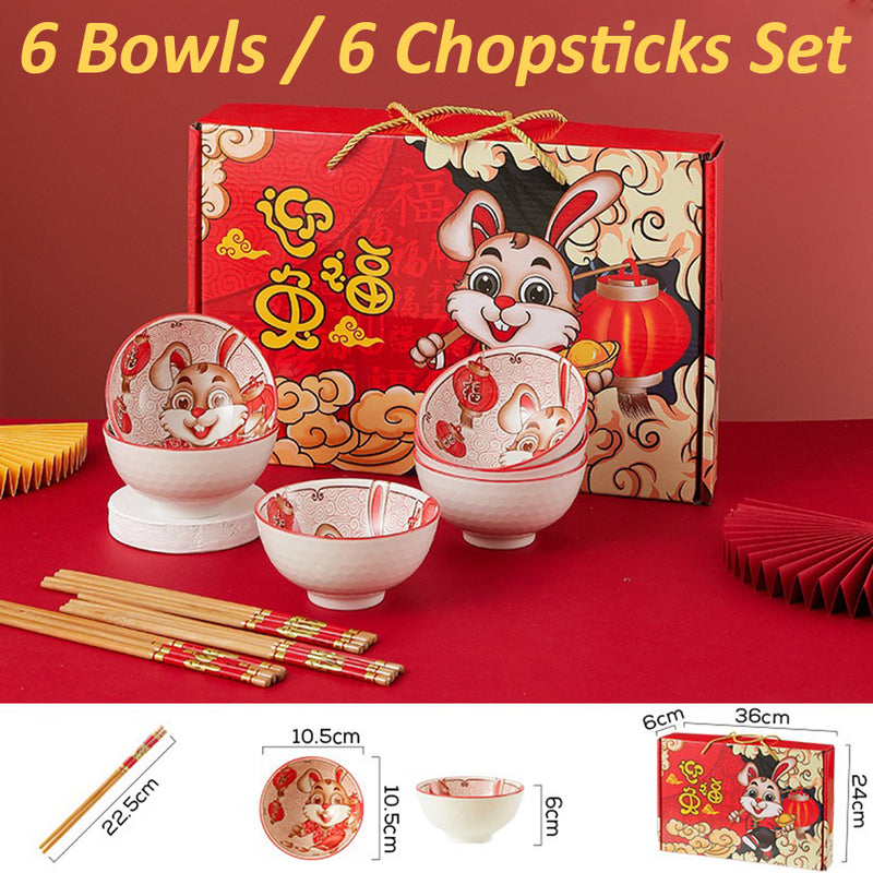 idrop [ 6PCS ] CNY Chinese New Year of Rabbit Ceramic Rice Bowl Set with Chopsticks [ Yingfu Rabbit ] / Set Mangkuk Seramik & Chopstick Tahun Baru Cina Tahun Arnab / 陶瓷套装(兔) 迎富兔6碗6筷陶瓷套装CNY