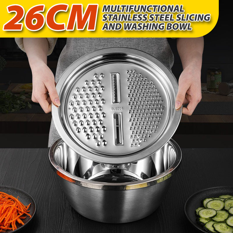 idrop [ 26CM ] 2PCS Stainless Steel Multifunction Bowl with Slicer Plate / Mangkuk Basuh Keluli Tahan Karat / 2PCS 不锈钢多功能碗带切片板