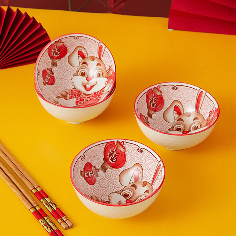 idrop [ 6PCS ] CNY Chinese New Year of Rabbit Ceramic Rice Bowl Set with Chopsticks [ Yingfu Rabbit ] / Set Mangkuk Seramik & Chopstick Tahun Baru Cina Tahun Arnab / 陶瓷套装(兔) 迎富兔6碗6筷陶瓷套装CNY