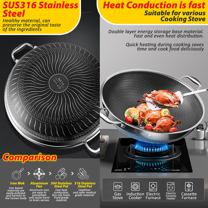 idrop [ 42CM ] Kitchen Cooking Wok Stainless Steel SUS316 Nonstick Honeycomb with Lid Cover / Periuk Kuali Memasak Keluli Tahan Lasak / 内外蜂窝)42CM双耳玻璃组合盖316炒锅