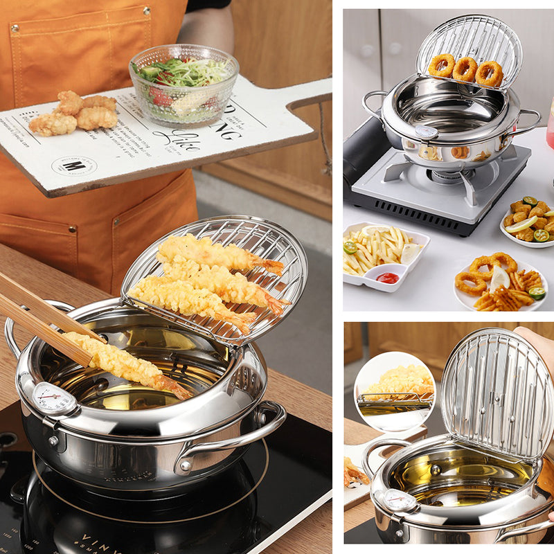 Japanese Style Stainless Steel Deep Fryer Pot With Thermometer & Oil D