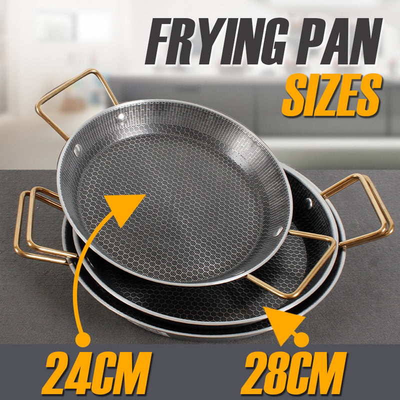 idrop [ 24CM / 28CM ] Double Eared Honeycomb Stainless Steel Flat Bottom Shallow Seafood Frying Pan / Kuali Memasak Keluli Tahan Karat Corak Lebah Tapak Rata Masak Makanan Laut / (不粘)24/28CM不锈钢蜂窝不粘海鲜盘(双耳煎 盘)