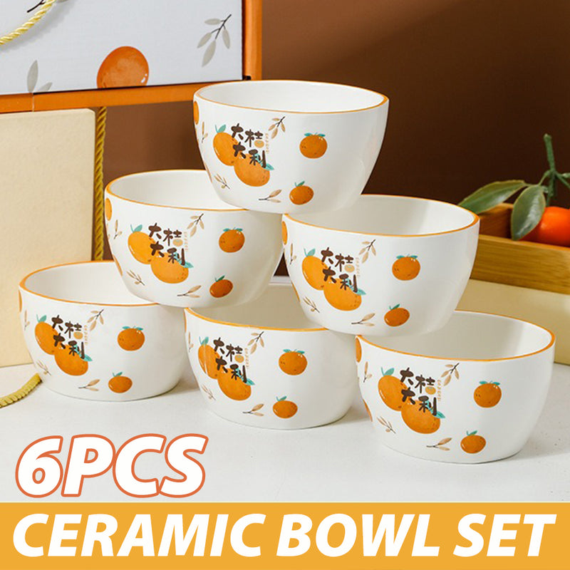 idrop [ 6PCS ] 350ml Ceramic Porcelain Eating Bowl Orange Decor Set / Set Seramik Mangkuk Makanan Desain Oren / 陶瓷套装 4in大桔大利陶瓷6碗套装 [ 10CM / 4 Inch ]