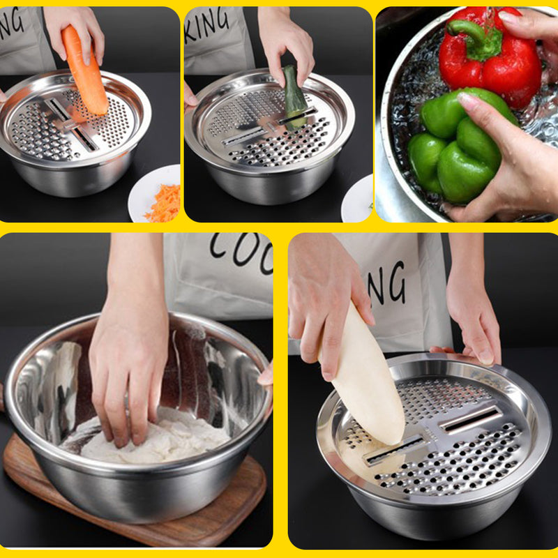 idrop [ 26CM ] 2PCS Stainless Steel Multifunction Bowl with Slicer Plate / Mangkuk Basuh Keluli Tahan Karat / 2PCS 不锈钢多功能碗带切片板