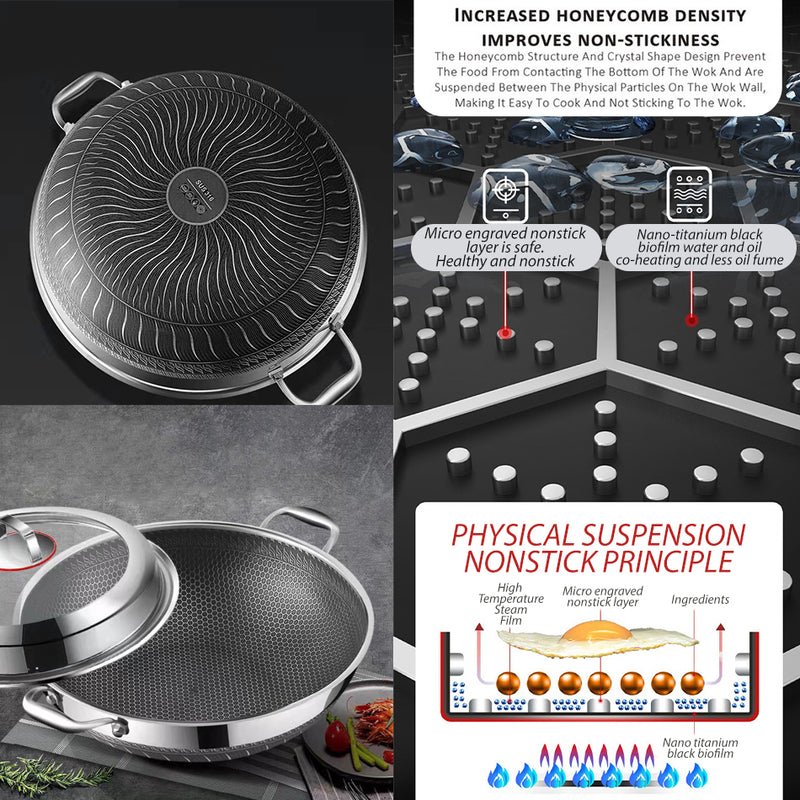 idrop [ 42CM ] Kitchen Cooking Wok Stainless Steel SUS316 Nonstick Honeycomb with Lid Cover / Periuk Kuali Memasak Keluli Tahan Lasak / 内外蜂窝)42CM双耳玻璃组合盖316炒锅