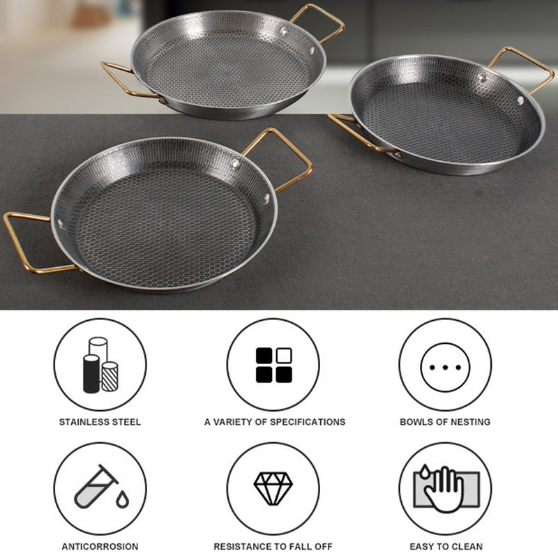 idrop [ 24CM / 28CM ] Double Eared Honeycomb Stainless Steel Flat Bottom Shallow Seafood Frying Pan / Kuali Memasak Keluli Tahan Karat Corak Lebah Tapak Rata Masak Makanan Laut / (不粘)24/28CM不锈钢蜂窝不粘海鲜盘(双耳煎 盘)