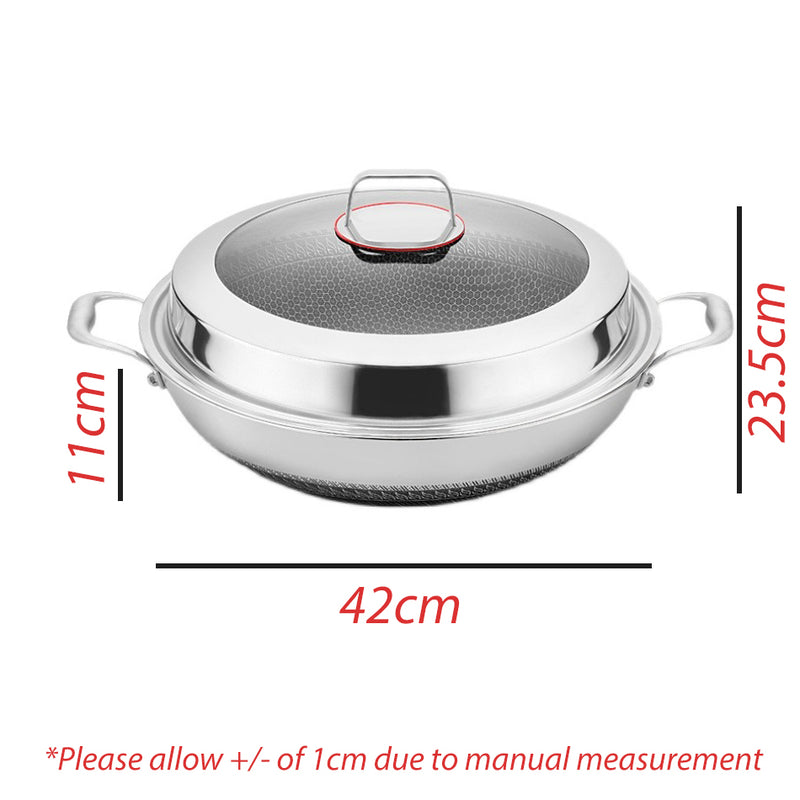 idrop [ 42CM ] Kitchen Cooking Wok Stainless Steel SUS316 Nonstick Honeycomb with Lid Cover / Periuk Kuali Memasak Keluli Tahan Lasak / 内外蜂窝)42CM双耳玻璃组合盖316炒锅