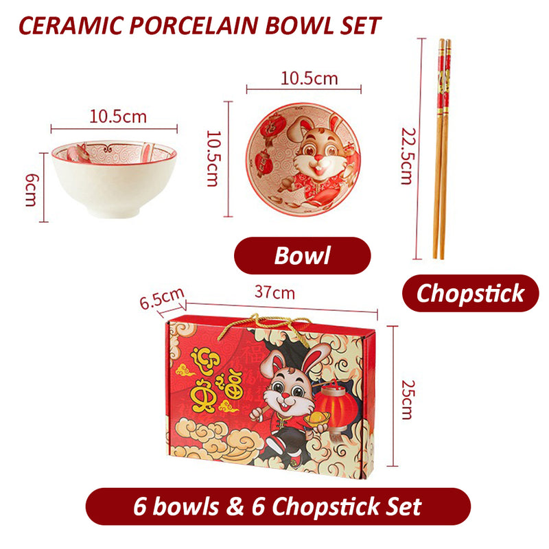 idrop [ 6PCS ] CNY Chinese New Year of Rabbit Ceramic Rice Bowl Set with Chopsticks [ Yingfu Rabbit ] / Set Mangkuk Seramik & Chopstick Tahun Baru Cina Tahun Arnab / 陶瓷套装(兔) 迎富兔6碗6筷陶瓷套装CNY