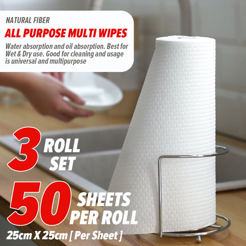 idrop [ 3 Rolls / 50 Sheets Per Roll ] Natural Fiber All Purpose Multi Wipes Tissue / Tisu Pembersih Serbaguna Pelbagai Guna / 天然纤维多用途多湿巾纸巾