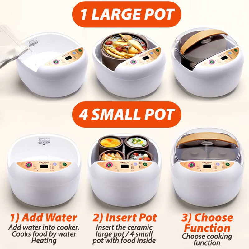 idrop [ 2L ] Minipot Multifunction Electric Cooking Stew Pot Cooker with Ceramic Stew Pot [ 1 Big Pot 4 Small Pot ]