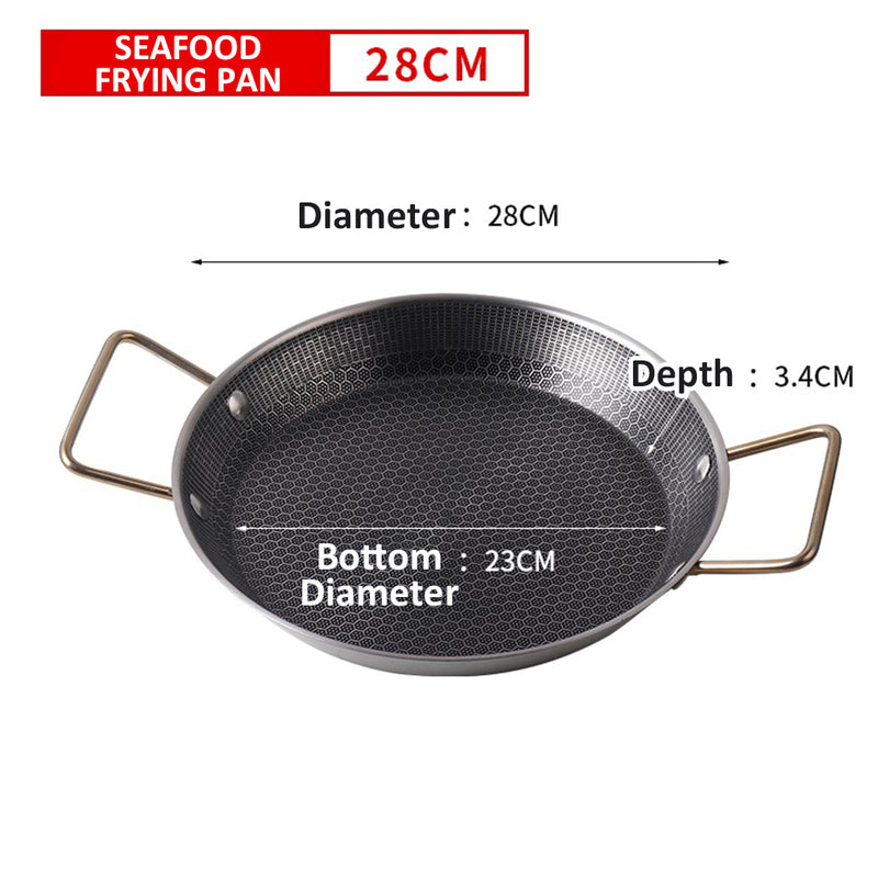 idrop [ 24CM / 28CM ] Double Eared Honeycomb Stainless Steel Flat Bottom Shallow Seafood Frying Pan / Kuali Memasak Keluli Tahan Karat Corak Lebah Tapak Rata Masak Makanan Laut / (不粘)24/28CM不锈钢蜂窝不粘海鲜盘(双耳煎 盘)