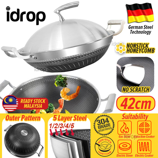 idrop 42CM Kitchen Honeycomb Non Stick Cooking Frying Wok SU304 Stainless Steel with Lid Cover -